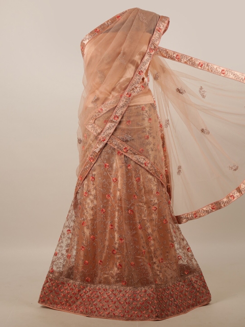 

Pothys Peach-Coloured & Red Embellished Unstitched Lehenga & Blouse With Dupatta