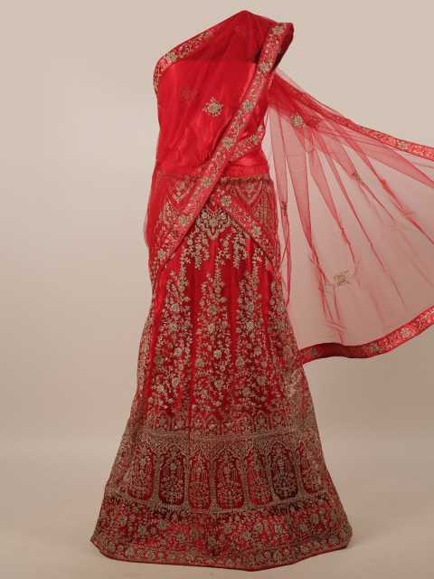 

Pothys Red & Gold-Toned Embroidered Unstitched Lehenga & Blouse With Dupatta