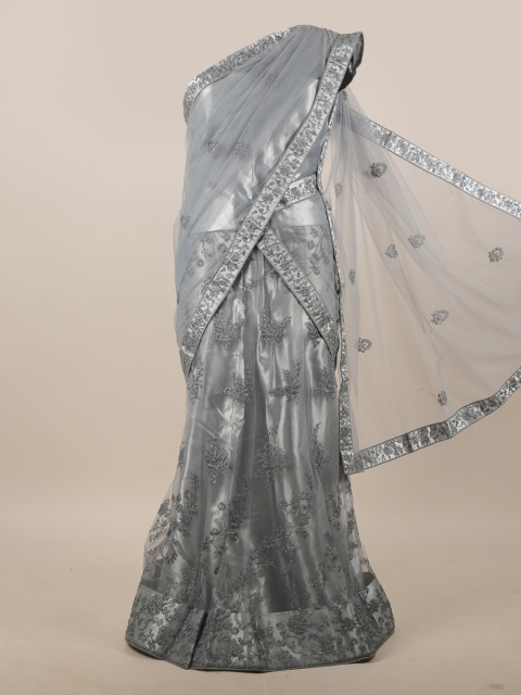 

Pothys Grey & Silver-Toned Embroidered Unstitched Lehenga & Blouse With Dupatta