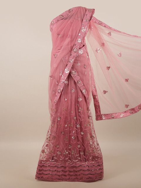 

Pothys Pink & Silver-Toned Embroidered Unstitched Lehenga & Blouse With Dhavani