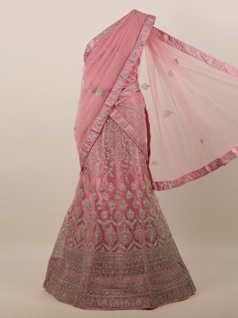 

Pothys Pink & Silver-Toned Embellished Unstitched Lehenga & Blouse With Dupatta