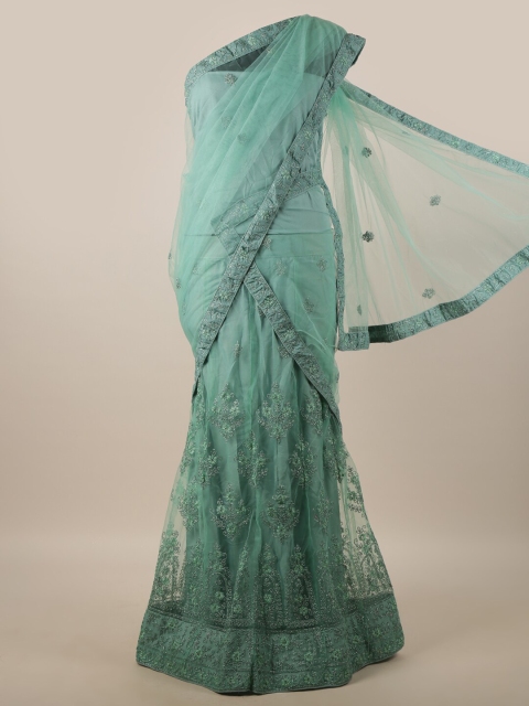 

Pothys Green & Silver-Toned Embroidered Unstitched Lehenga & Blouse With Dupatta
