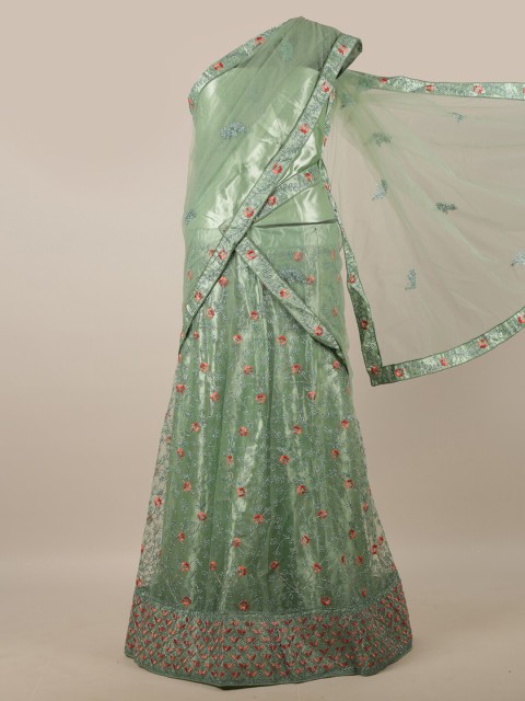 

Pothys Green & Red Embroidered Unstitched Lehenga & Blouse With Dupatta