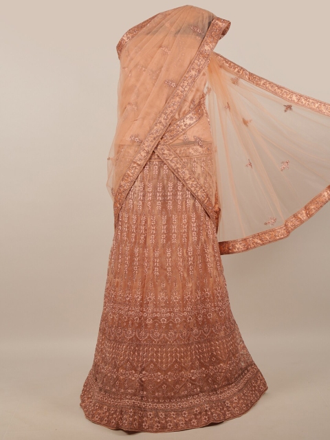 

Pothys Peach-Coloured Embroidered Unstitched Net Lehenga & Blouse With Dhavani