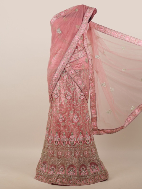 

Pothys Pink & Silver-Coloured Embellished Unstitched Lehenga & Blouse With Dupatta