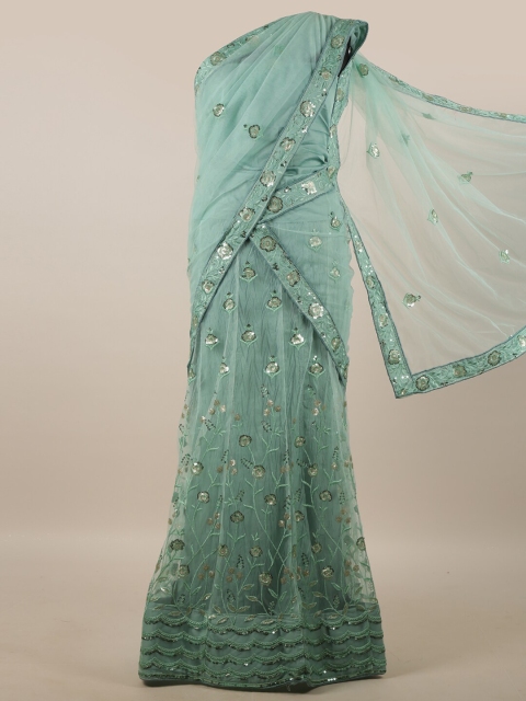 

Pothys Green & Silver-Toned Embroidered Sequinned Unstitched Lehenga & Blouse With Dupatta
