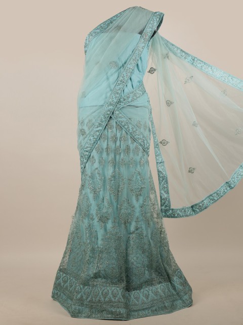 

Pothys Blue & Silver-Toned Embellished Unstitched Lehenga & Blouse With Dupatta
