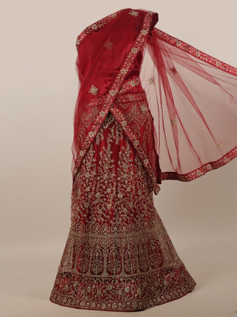 

Pothys Maroon & Gold-Toned Embroidered Unstitched Lehenga & Blouse With Dupatta