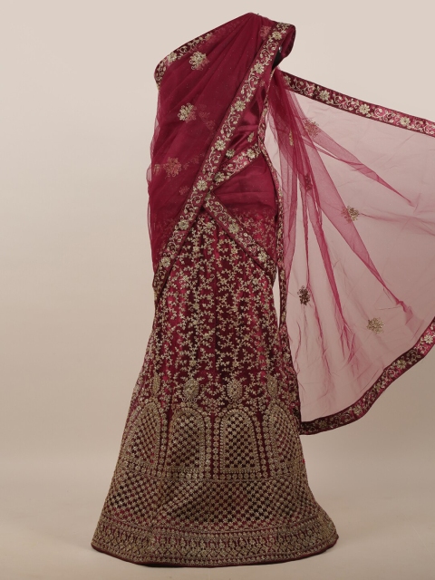 

Pothys Magenta & Gold-Toned Embroidered Unstitched Net Lehenga & Blouse With Dhavani