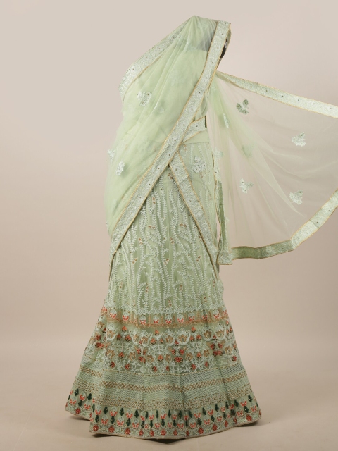

Pothys Green & Red Embellished Unstitched Lehenga & Blouse With Dupatta