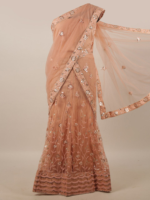 

Pothys Peach-Coloured & Silver-Toned Embellished Unstitched Lehenga & Blouse With Dhavani