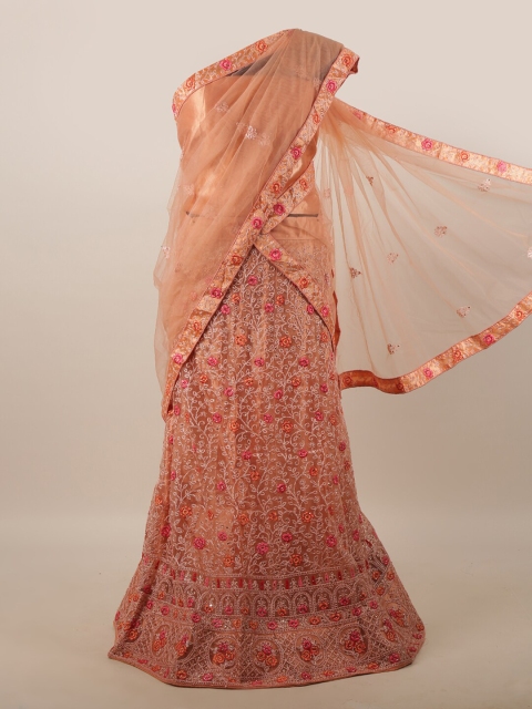 

Pothys Peach-Coloured & Red Embellished Unstitched Lehenga & Blouse With Dupatta