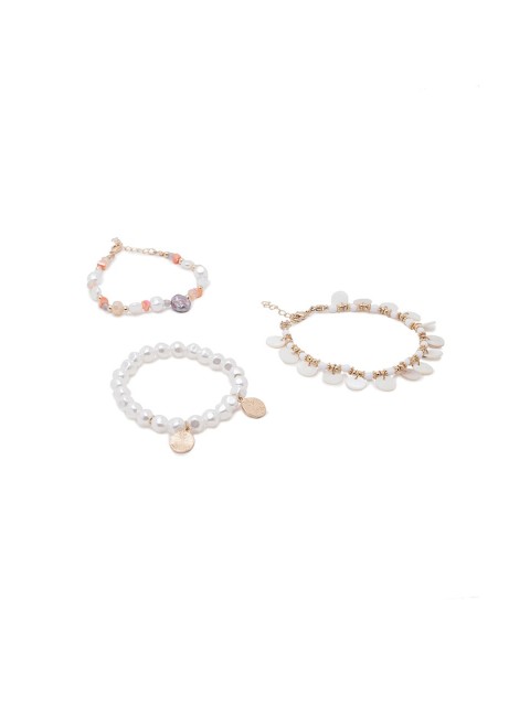 

Lilly & sparkle Women Set of 3 Gold-Toned & White Pearl and Beaded Charm Bracelet