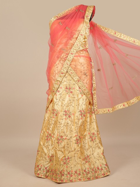 

Pothys Pink & Gold-Toned Embroidered Unstitched Lehenga & Blouse With Dupatta