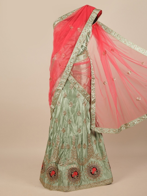 

Pothys Pink & Green Embellished Unstitched Lehenga & Blouse With Dupatta