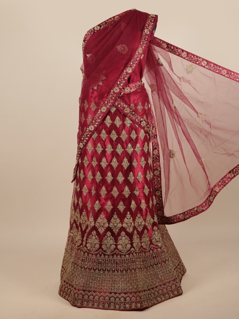 

Pothys Magenta & Gold-Toned Embroidered Unstitched Lehenga & Blouse With Dupatta