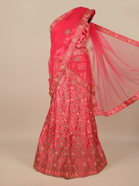 

Pothys Pink & Gold-Toned Embroidered Unstitched Lehenga & Blouse With Dupatta