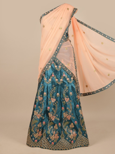 

Pothys Peach-Coloured & Teal Embellished Unstitched Lehenga & Blouse With Dupatta