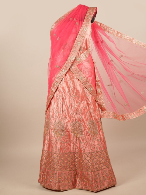 

Pothys Pink & Gold Embroidered Zardozi Unstitched Lehenga & Blouse With Dupatta
