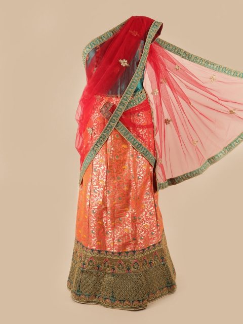

Pothys Red & Green Embroidered Unstitched Lehenga & Blouse With Dupatta