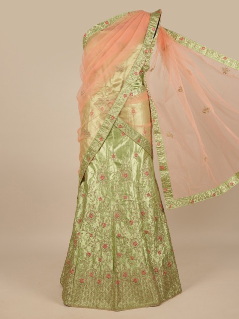 

Pothys Peach-Coloured & Green Embroidered Thread Work Unstitched Lehenga & Blouse With Dupatta