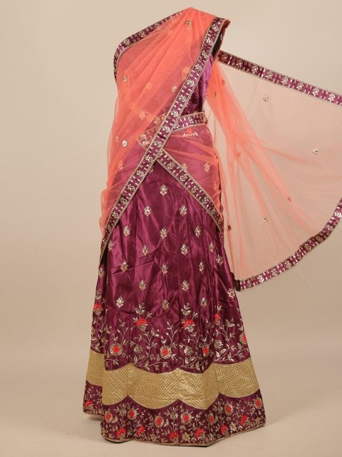 

Pothys Peach-Coloured & Purple Embroidered Unstitched Lehenga & Blouse With Dupatta