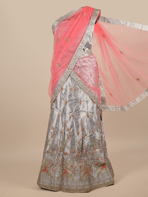 

Pothys Pink & Grey Embroidered Unstitched Lehenga & Blouse With Dupatta