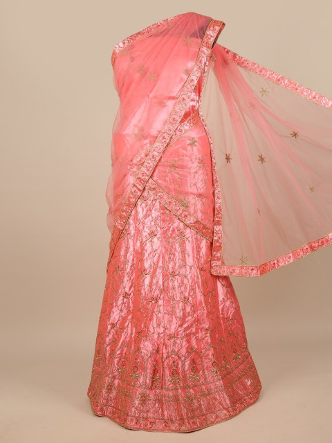 

Pothys Women Pink & Gold Embroidered Unstitched Lehenga Choli With Dupatta