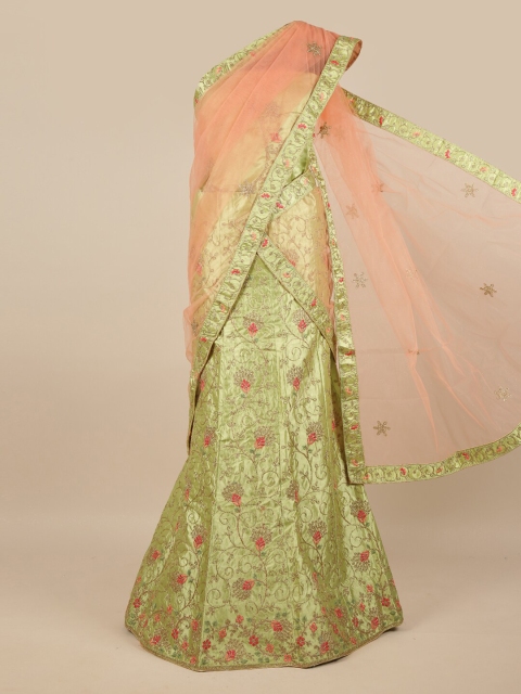 

Pothys Peach-Coloured & Green Embroidered Unstitched Lehenga & Blouse With Dupatta