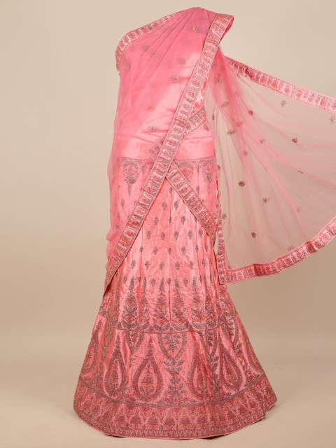 

Pothys Pink & Silver-Toned Embroidered Unstitched Lehenga & Blouse With Dupatta