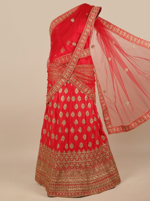 

Pothys Red & Gold-Toned Embroidered Unstitched Lehenga & Blouse With Dupatta