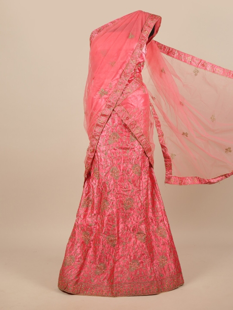 

Pothys Pink & Silver-Toned Embellished Unstitched Lehenga & Blouse With Dupatta