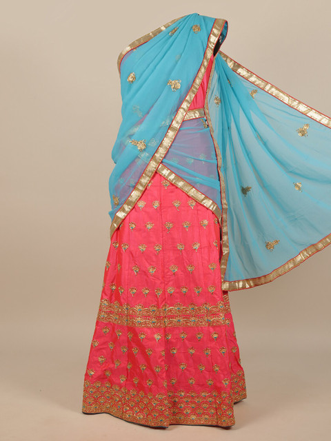 

Pothys Pink & Blue Embellished Beads and Stones Unstitched Lehenga & Blouse With Dupatta