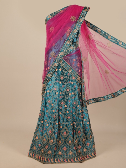 

Pothys Magenta & Blue Embroidered Unstitched Lehenga & Blouse With Dupatta