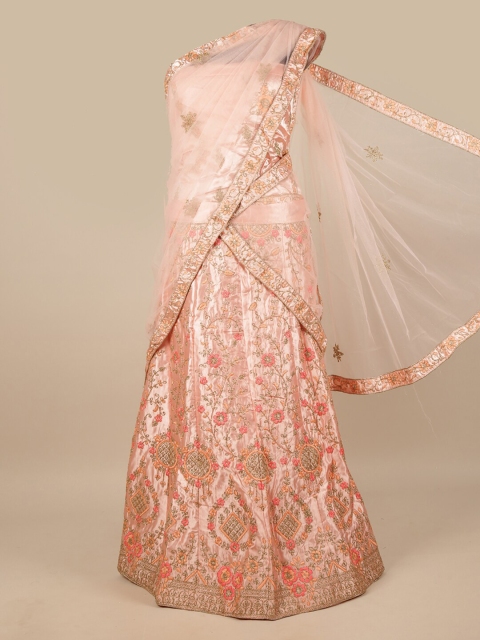 

Pothys Pink & Orange Embroidered Unstitched Lehenga & Blouse With Dupatta