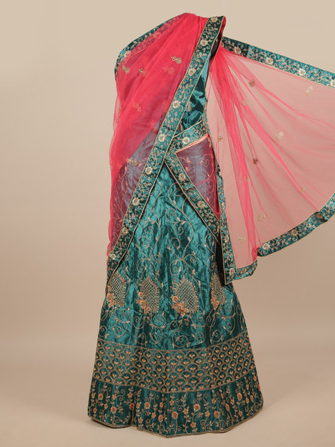 

Pothys Pink & Green Embroidered Zardozi Unstitched Lehenga & Blouse With Dupatta