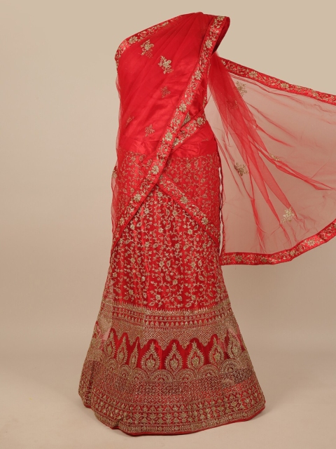 

Pothys Woman Red & Gold-Toned Embroidered Unstitched Lehenga & Blouse With Dupatta