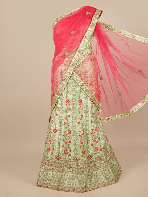 

Pothys Pink & Green Embroidered Beads and Stones Unstitched Lehenga & Blouse With Dupatta
