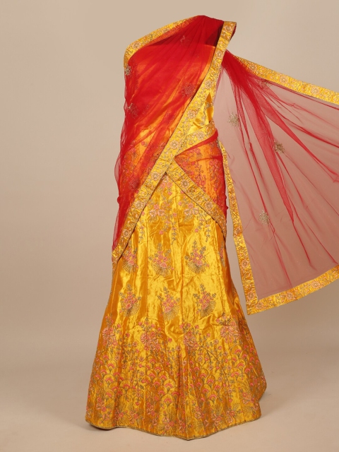 

Pothys Red & Yellow Embroidered Unstitched Lehenga & Blouse With Dupatta