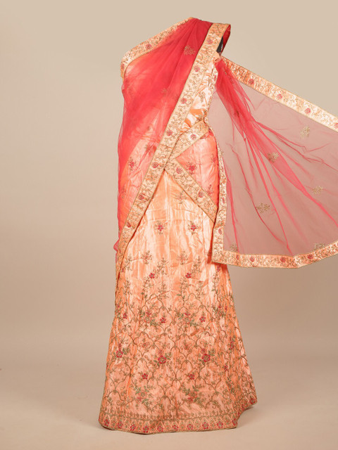 

Pothys Pink & Peach-Coloured Embroidered Beads and Stones Unstitched Lehenga & Blouse With Dupatta