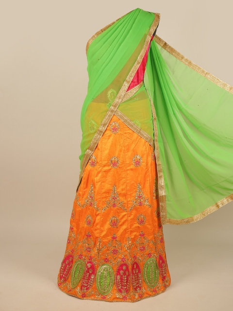 

Pothys Green & Orange Embroidered Thread Work Unstitched Lehenga & Blouse With Dupatta