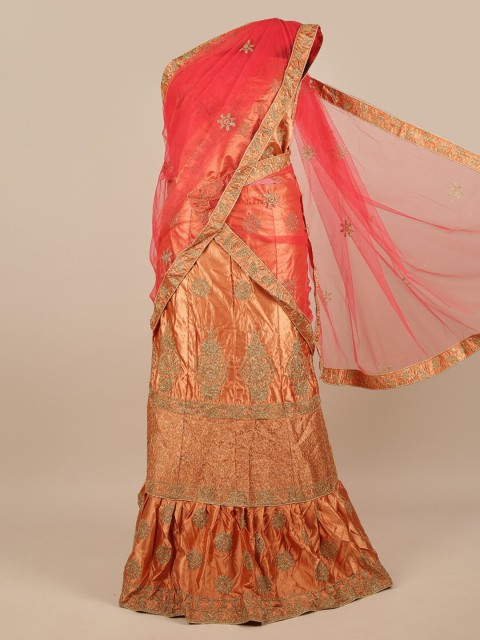 

Pothys Red & Copper-Toned Embroidered Unstitched Lehenga & Blouse With Dupatta