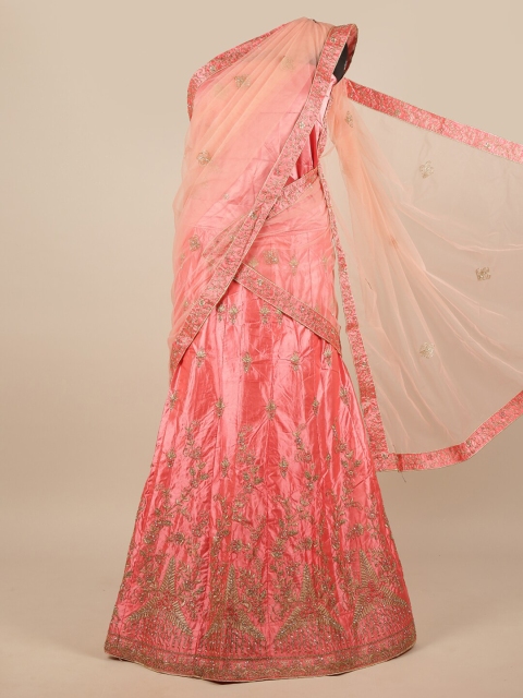

Pothys Peach-Coloured & Gold-Toned Embroidered Unstitched Lehenga & Blouse With Dupatta