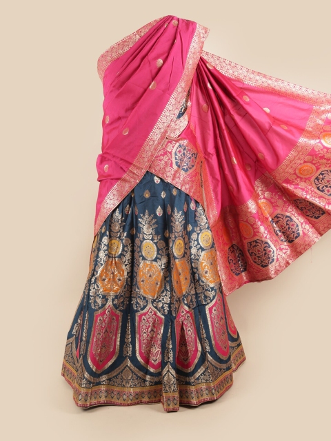 

Pothys Woman Pink & Navy Blue Unstitched Lehenga & Blouse With Dupatta