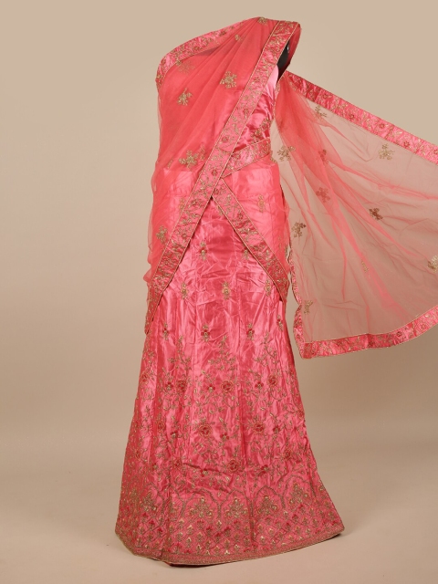 

Pothys Pink & Gold-Toned Embroidered Unstitched Lehenga & Blouse With Dupatta