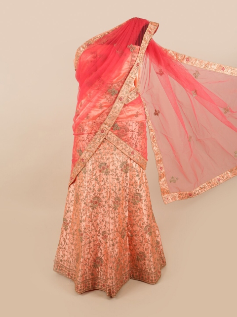 

Pothys Pink & Peach-Coloured Embroidered Unstitched Lehenga & Blouse With Dhavani