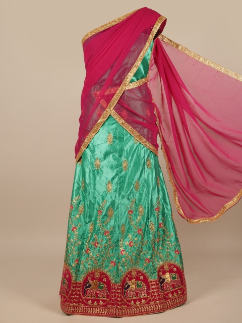 

Pothys Magenta & Green Embellished Unstitched Lehenga & Blouse With Dupatta