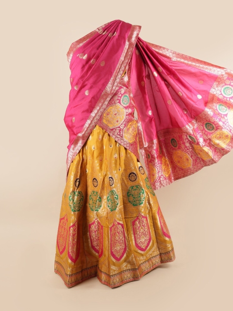

Pothys Pink & Yellow Unstitched Lehenga & Blouse With Dhavani