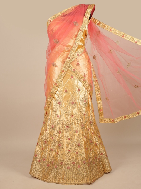 

Pothys Pink & Gold-Toned Embroidered Unstitched Lehenga & Blouse With Dupatta