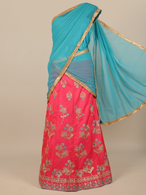

Pothys Blue & Pink Embroidered Unstitched Lehenga & Blouse With Dupatta
